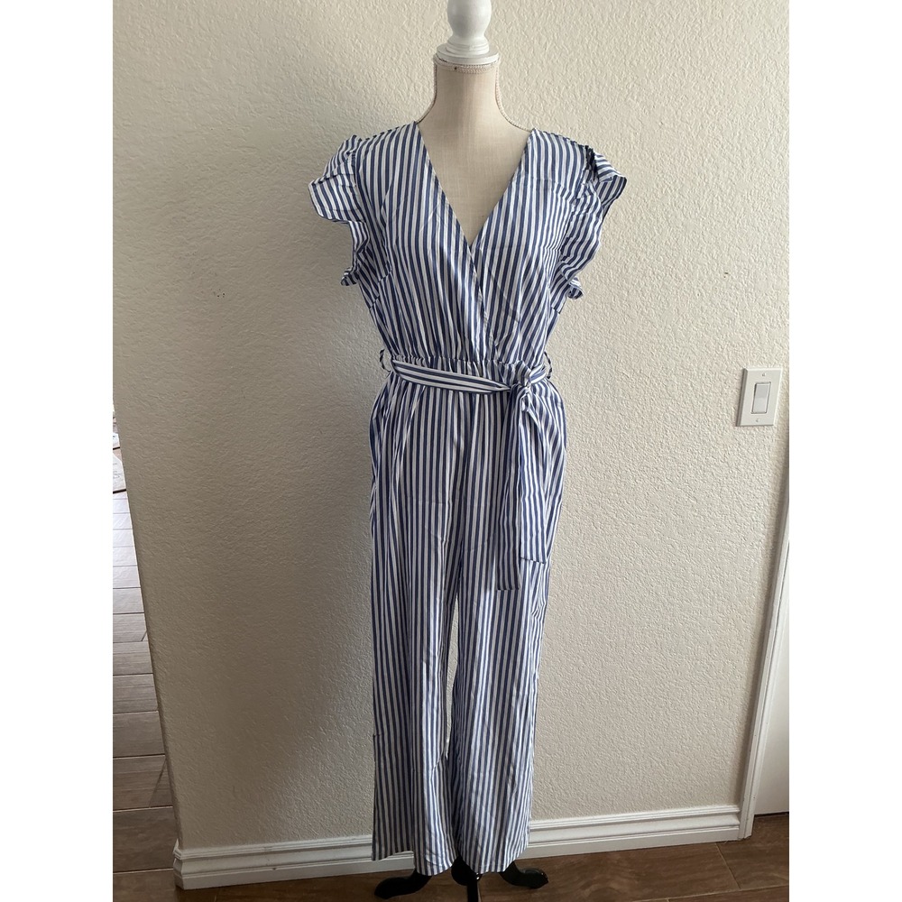 SHEIN Jumpsuit Large Blue White Striped Ruffle Sleeve V-Neck Wide Leg Belted